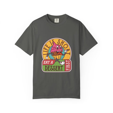 Gray t-shirt with a colorful graphic design on a white background