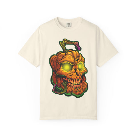 Beige t-shirt with a colorful pumpkin skull design on a white background