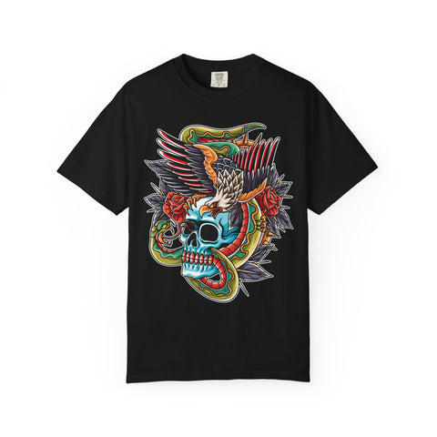 Black t-shirt with a colorful skull and eagle design on a white background