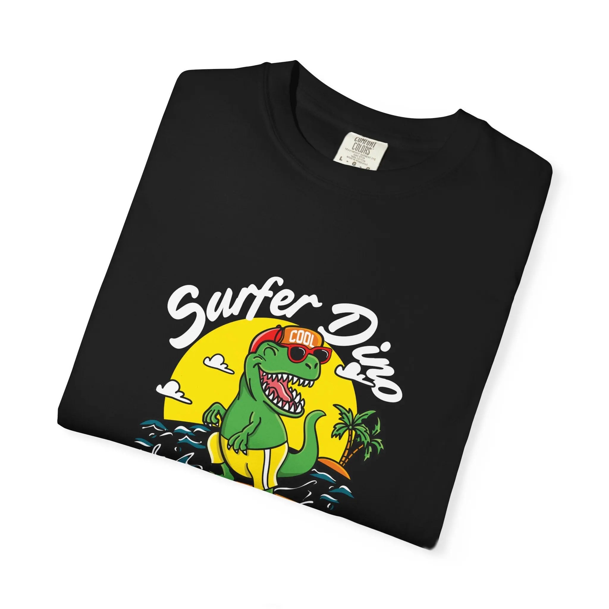 California Dream Surfing Dinosaur In Waves With Palm Tree Graphic T-Shirt - Sinful Threads
