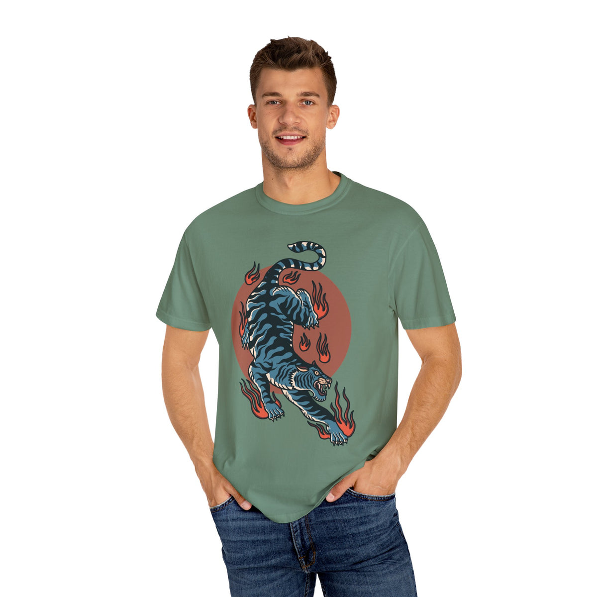 Blue tiger shirt - flame design tee - animal graphic gift