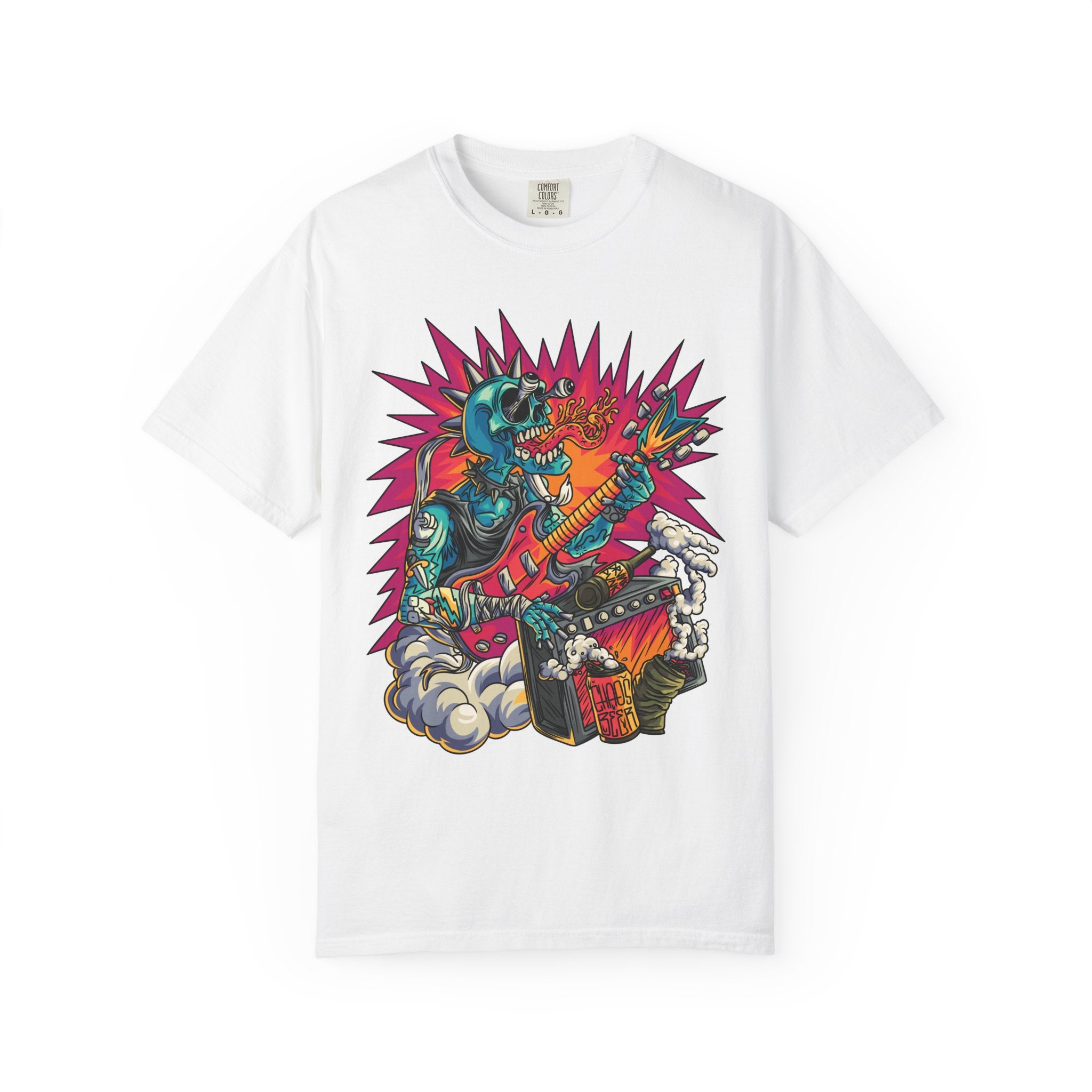 White t-shirt with a colorful graphic design of a skeleton playing guitar on a white background