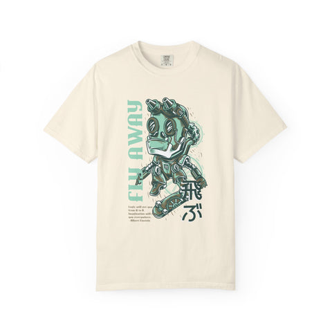 Fly Away Steampunk Robot With Japanese Text Design T-Shirt