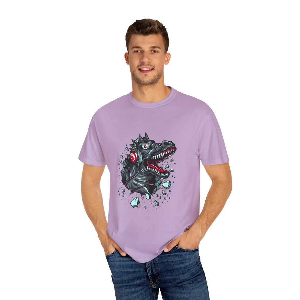 Dinosaur with Headphones Breaking Wall Graphic Design T-Shirt - Sinful Threads
