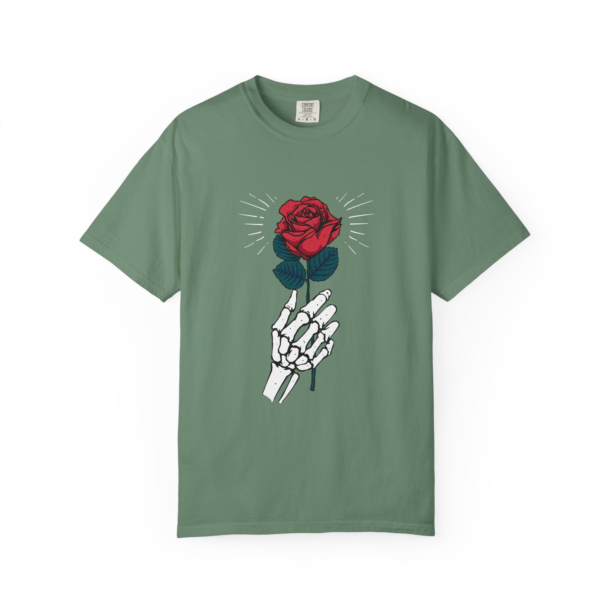 Red Rose In a Skeletal Hand Unique Graphic T-Shirt - Sinful Threads