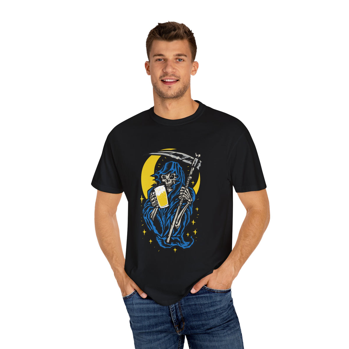 Death Drinks Beer Under The Moon Funny Graphic T-Shirt