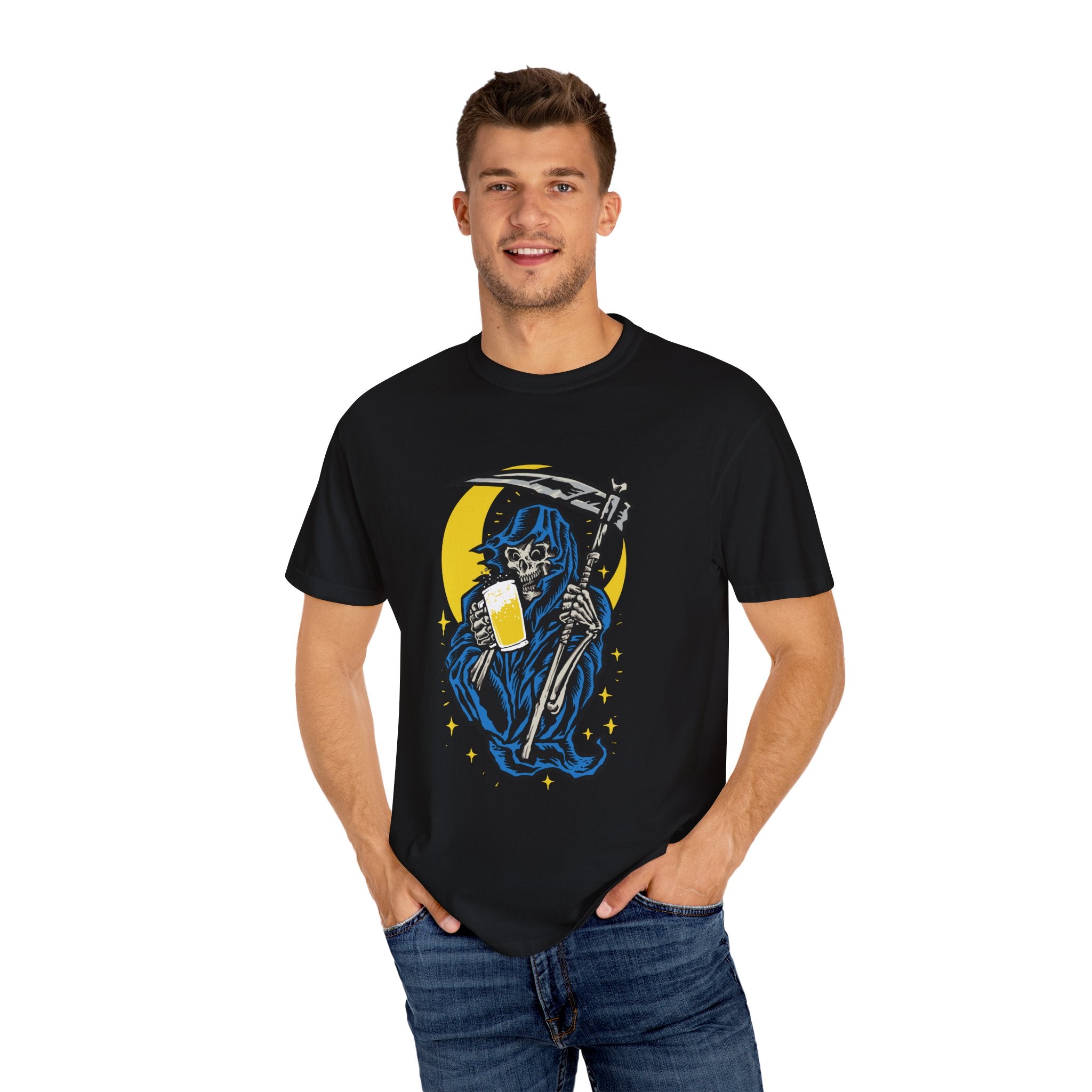 Death Drinks Beer Under The Moon Funny Graphic T-Shirt - Sinful Threads