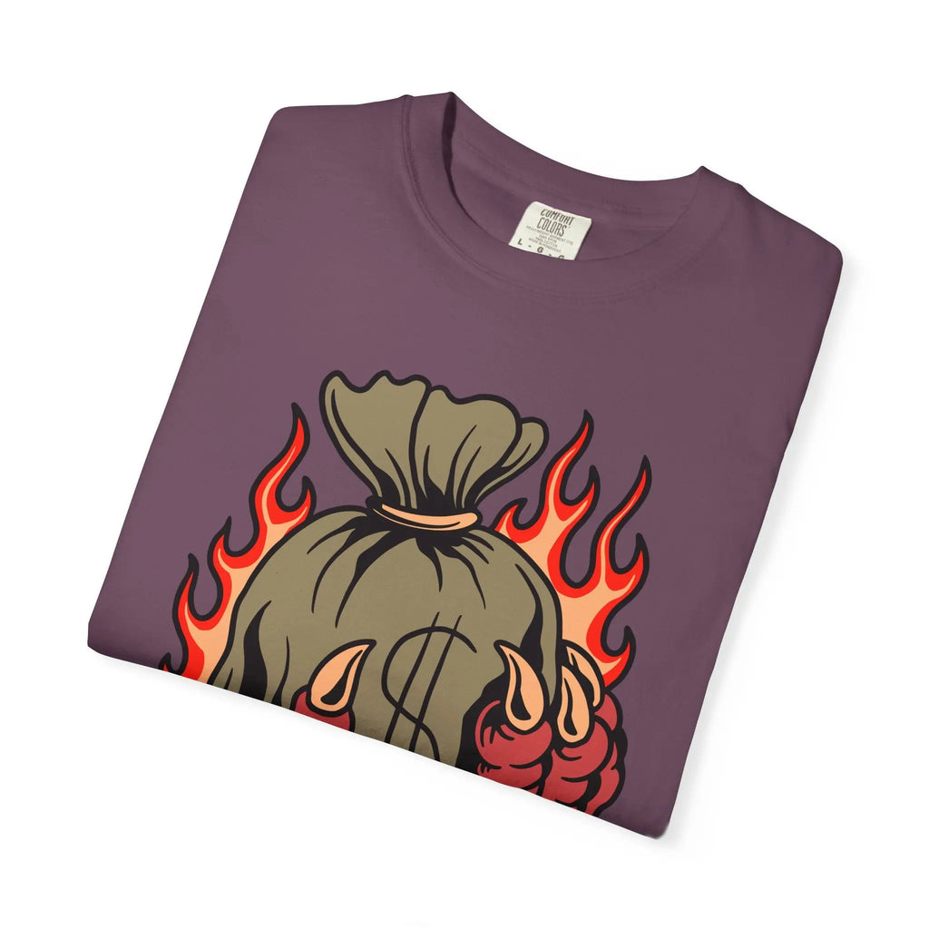 Money Bag Shirt - Devil's Hand Flaming Dollar Tattoo Tee - Sinful Threads