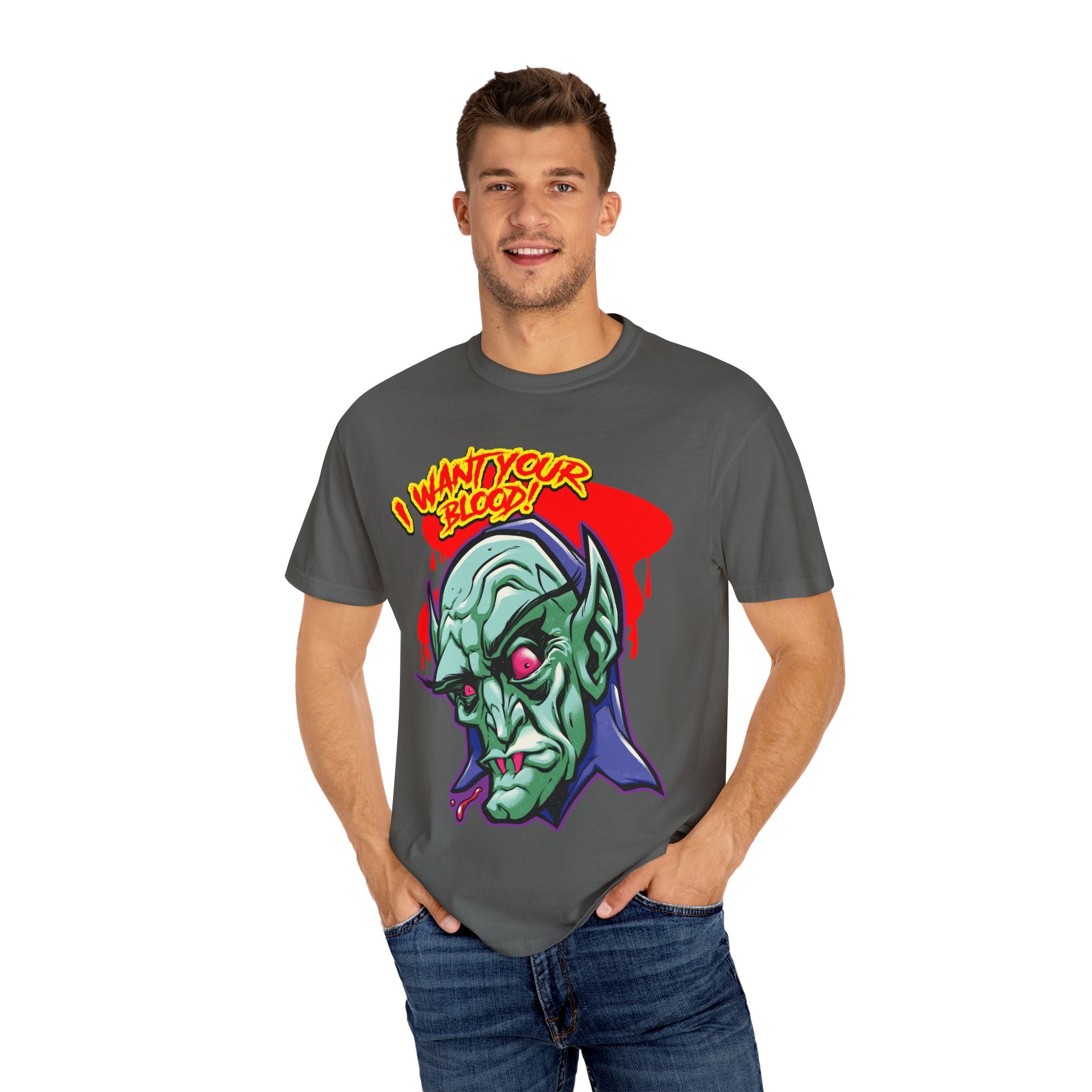 Dracula Cartoon Graphic Tee - I Want Blood Vampire Shirt - Sinful Threads