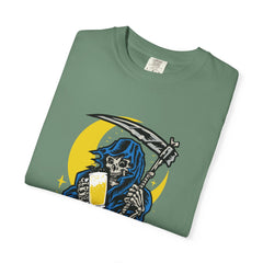 Death Drinks Beer Under The Moon Funny Graphic T-Shirt