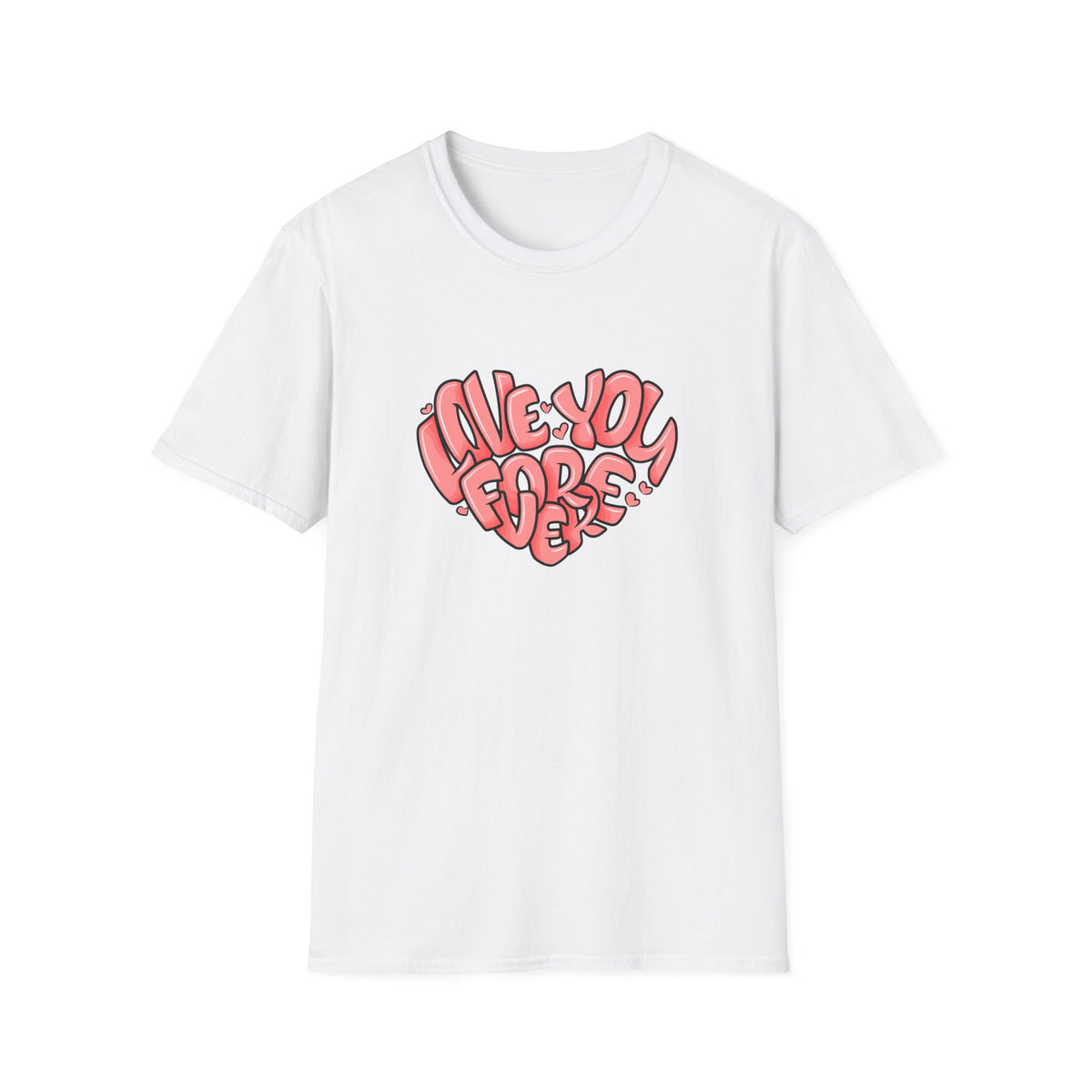 White t-shirt with red heart-shaped text on a white background