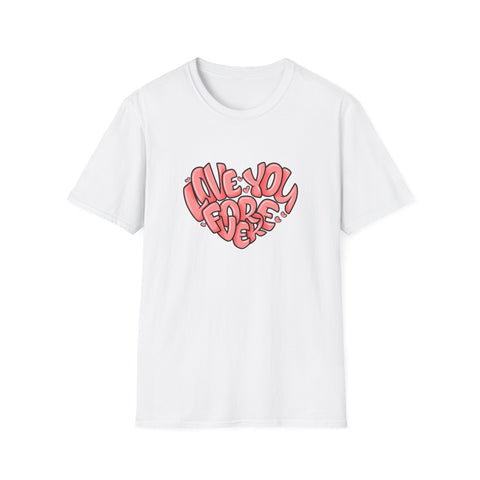 White t-shirt with red heart-shaped text on a white background