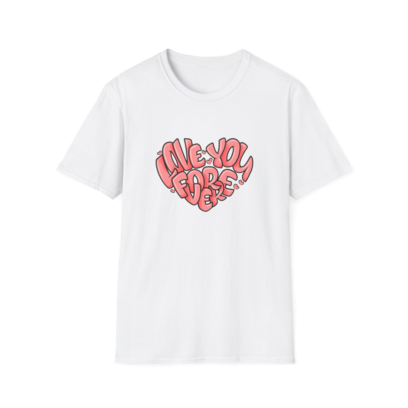White t-shirt with red heart-shaped text on a white background
