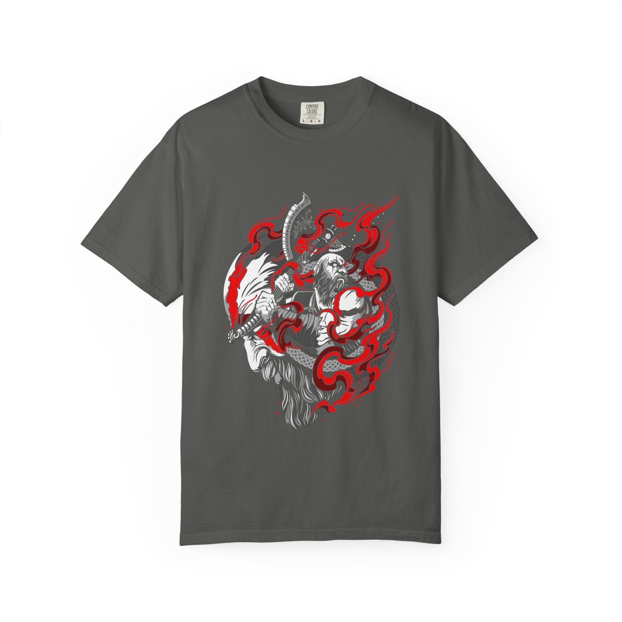 Gray t-shirt with a graphic design of a warrior and flames on a white background