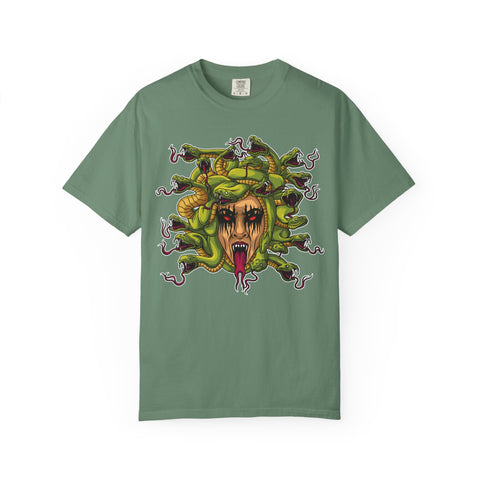 Green t-shirt with Medusa graphic design on a white background