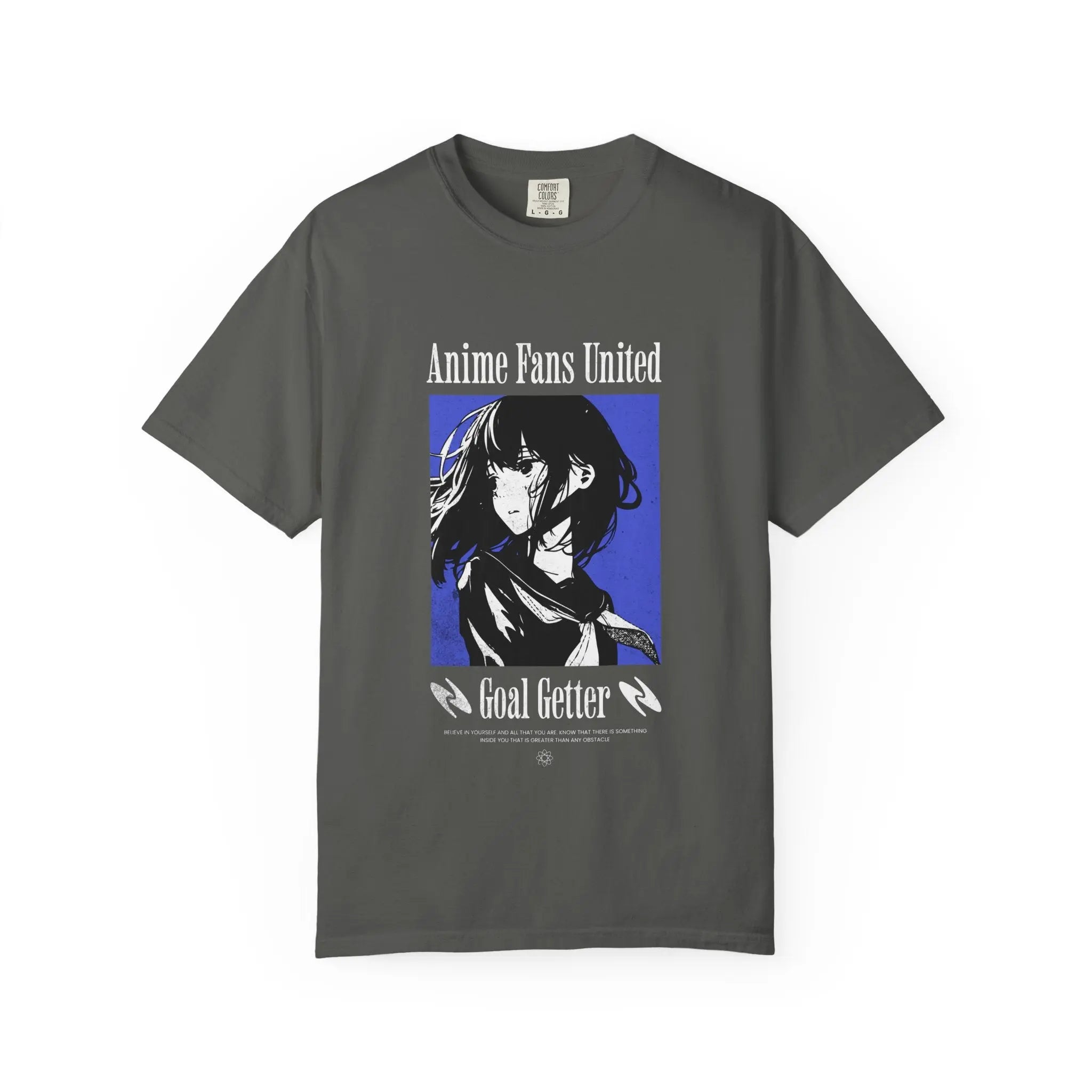 Gray t-shirt with anime character graphic and text on a white background