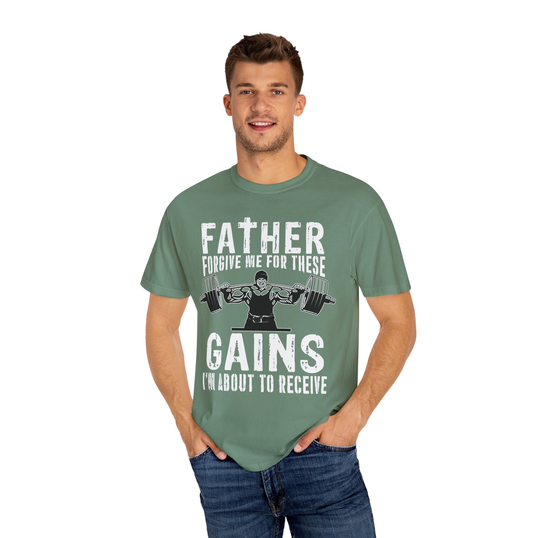 Father Forgive Gains Gym Shirt - Christian Humor Gift - Sinful Threads