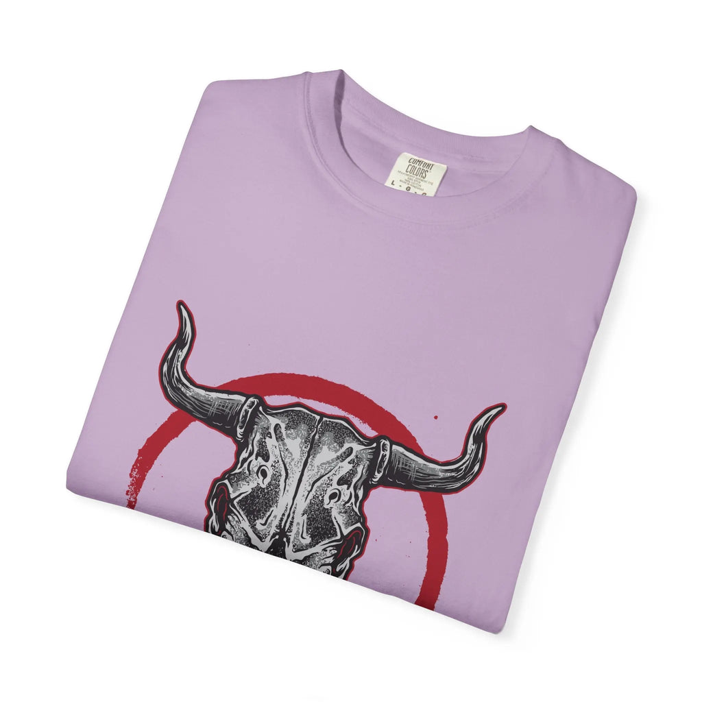 Intricate Bull Skull Design with Red Circle T-Shirt - Sinful Threads