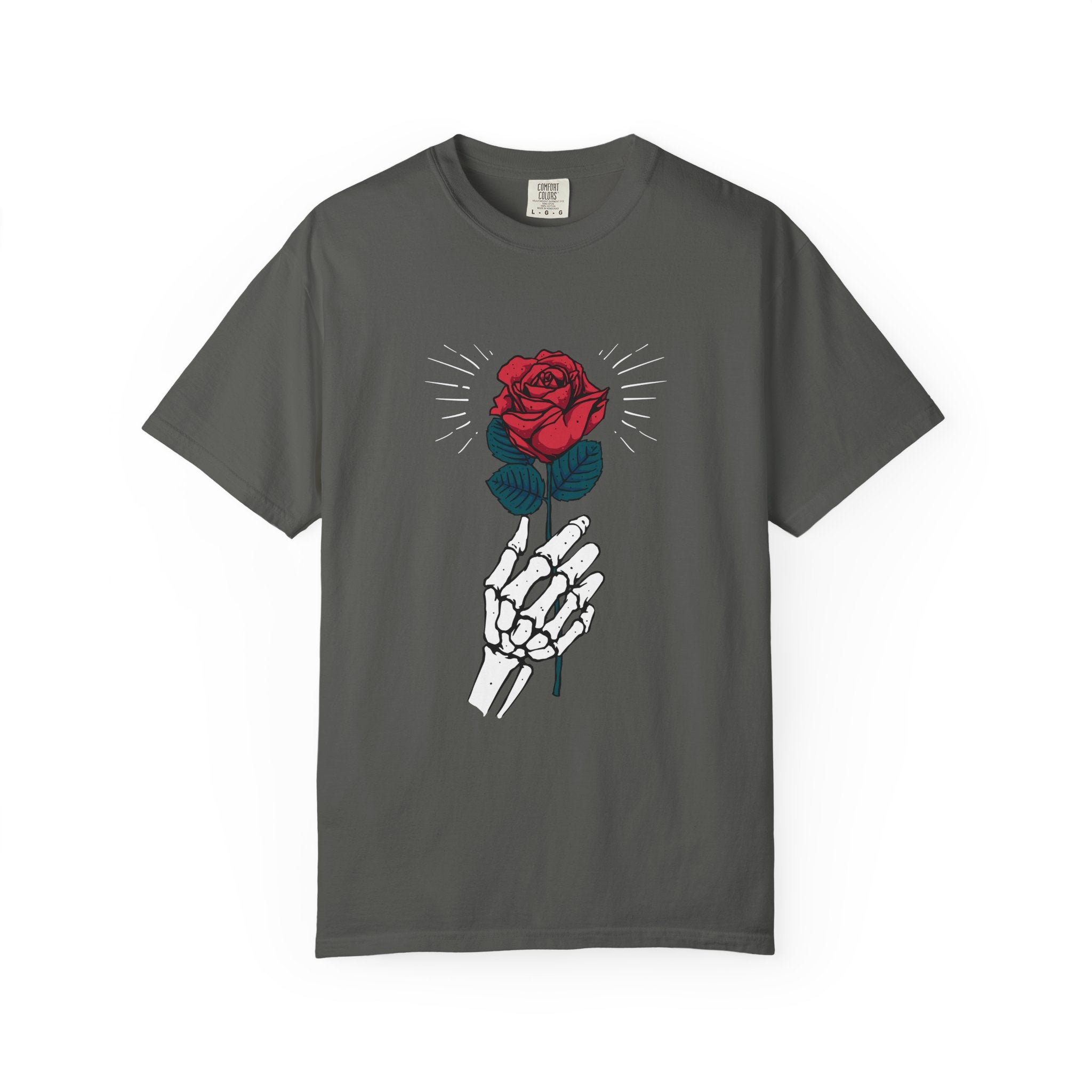 Red Rose In a Skeletal Hand Unique Graphic T-Shirt - Sinful Threads