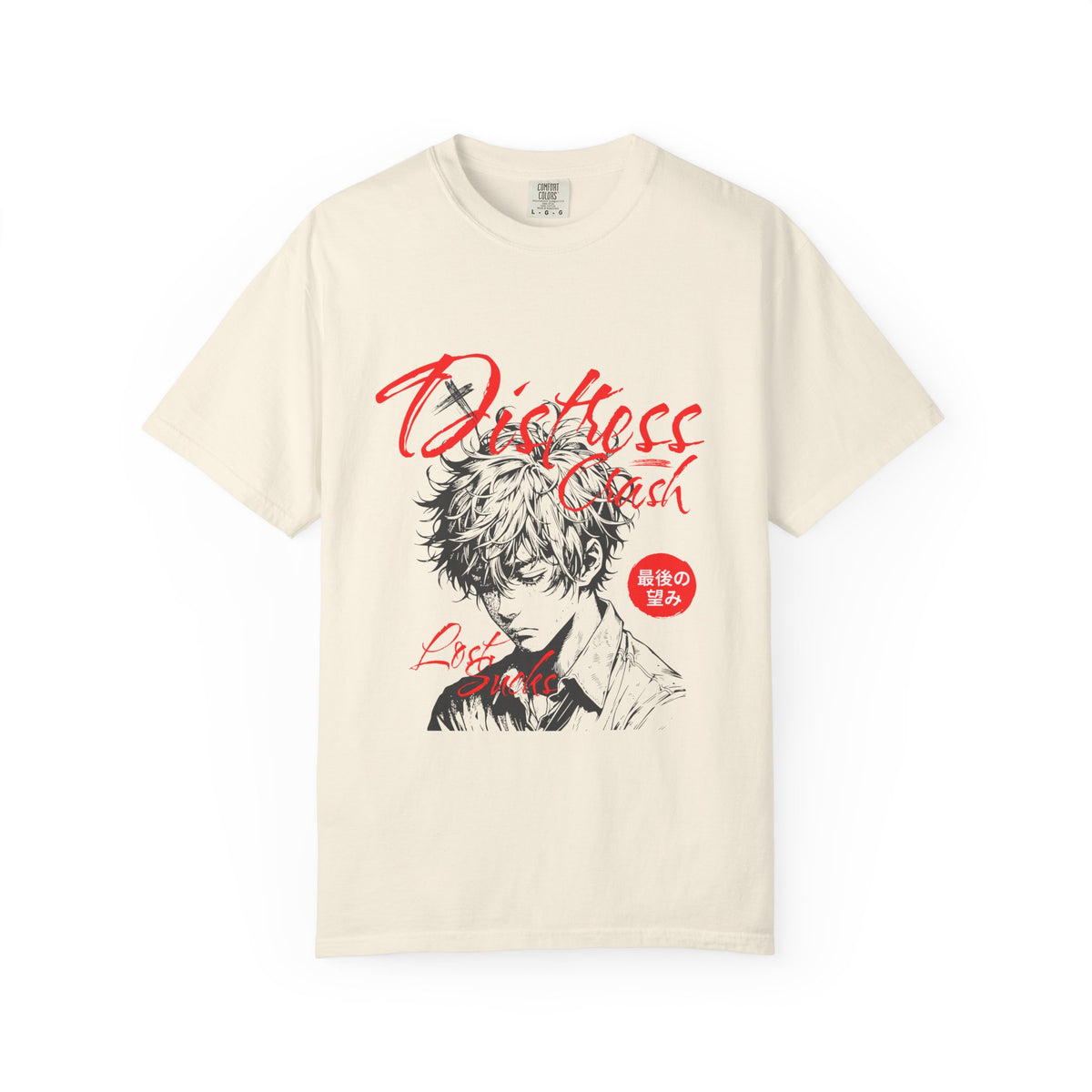 Beige t-shirt with anime character graphic and text on a white background