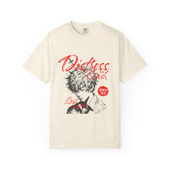 Beige t-shirt with anime character graphic and text on a white background