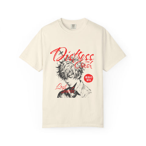 Beige t-shirt with anime character graphic and text on a white background