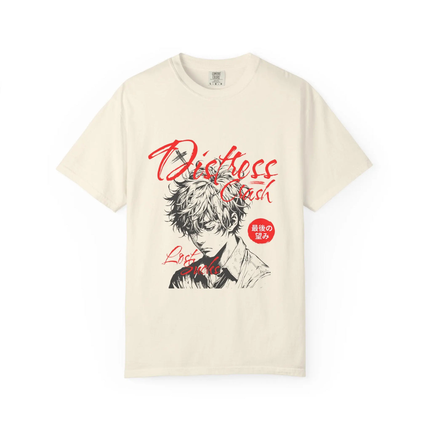 Beige t-shirt with anime character graphic and text on a white background