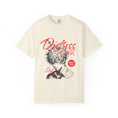 Beige t-shirt with anime character graphic and text on a white background