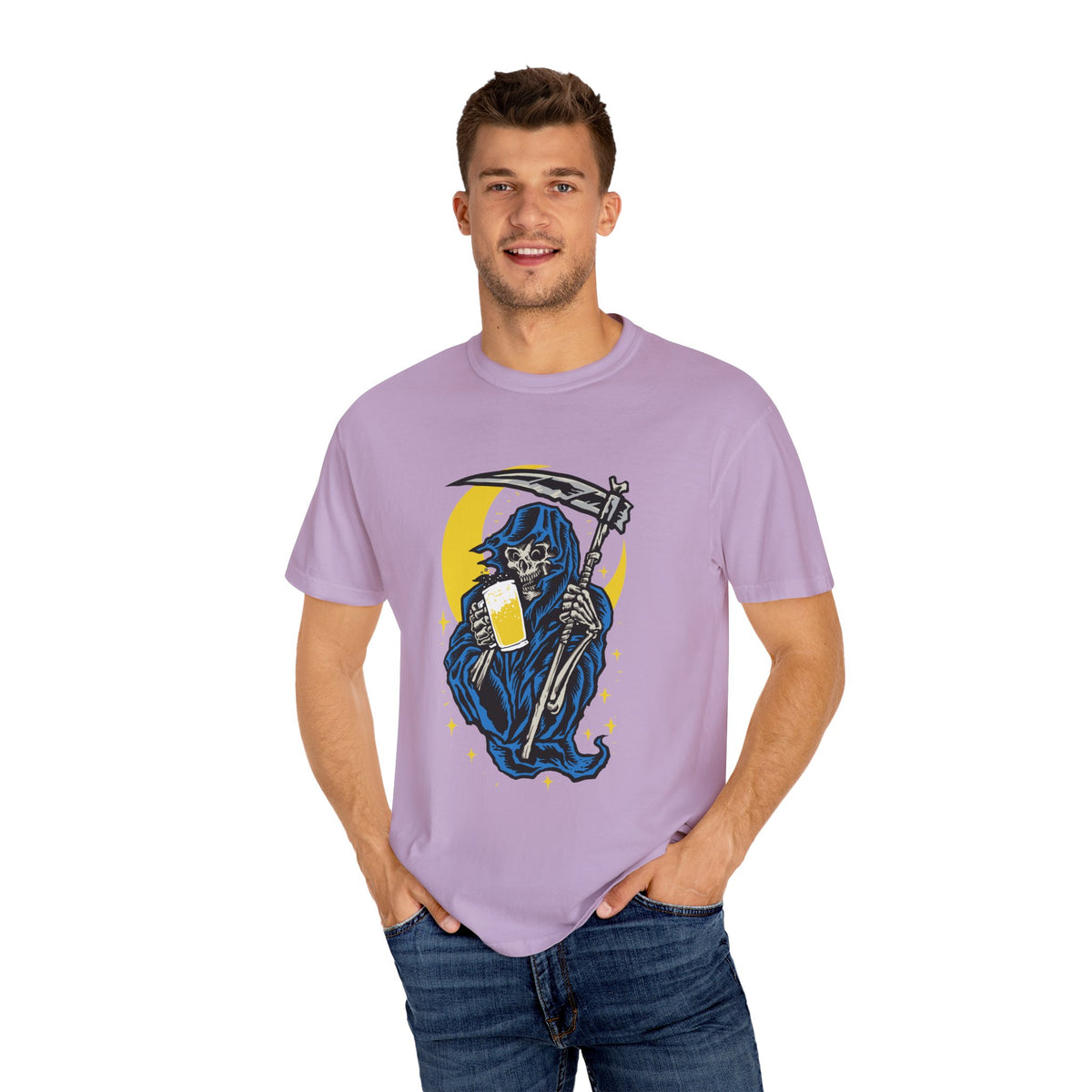 Death Drinks Beer Under The Moon Funny Graphic T-Shirt