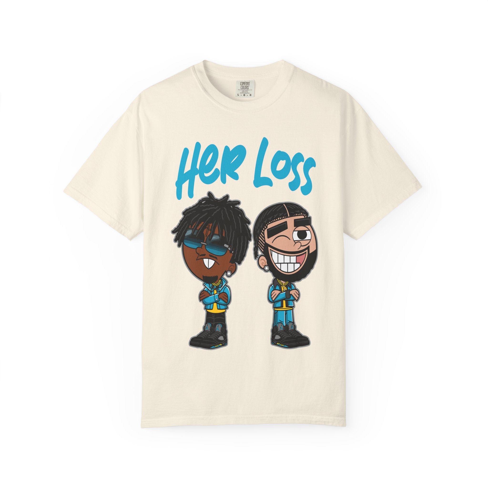 Beige t-shirt with cartoon characters and 'Her Loss' text on a white background