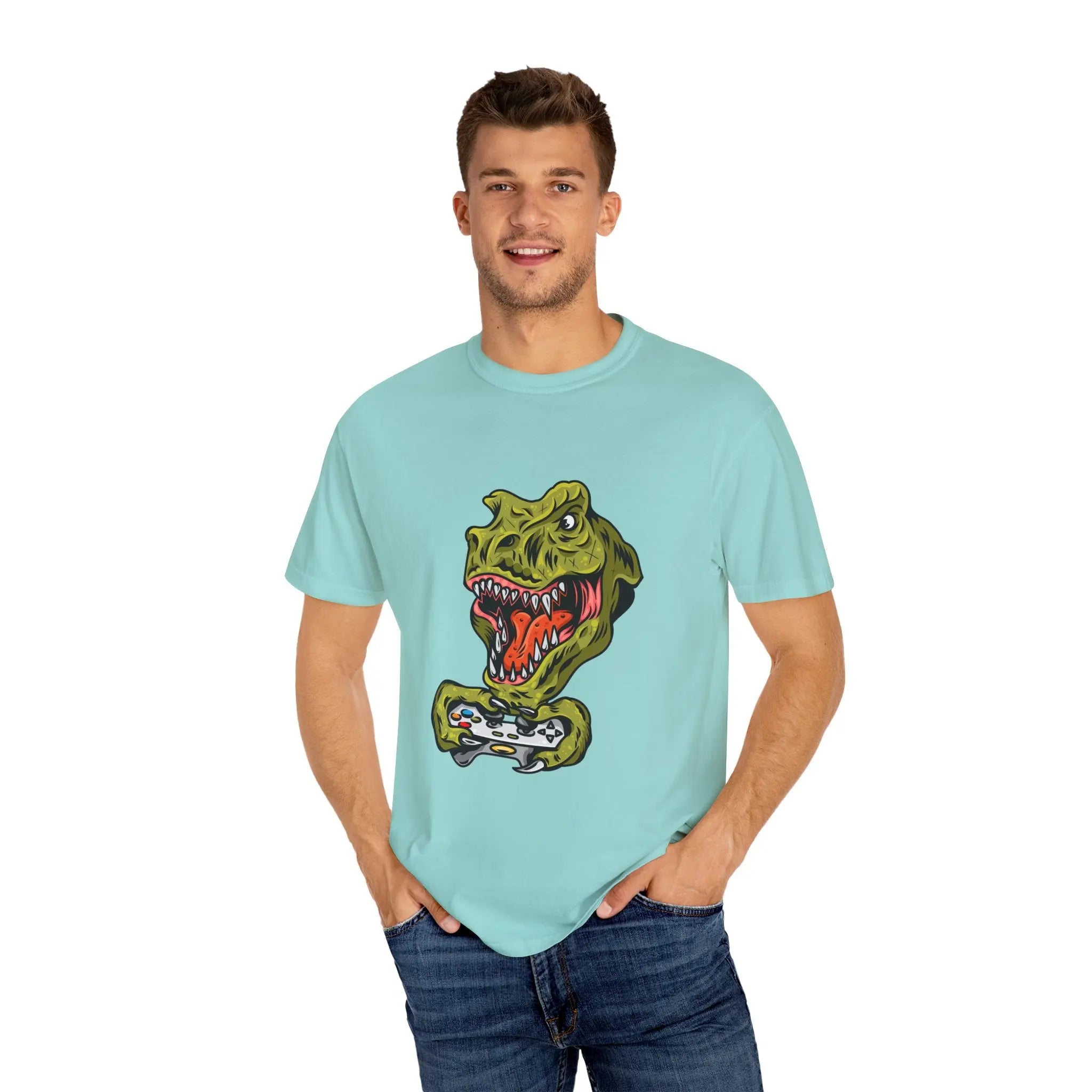 Dino Gamer Rex with Controller Video Game Fan T-Shirt - Sinful Threads