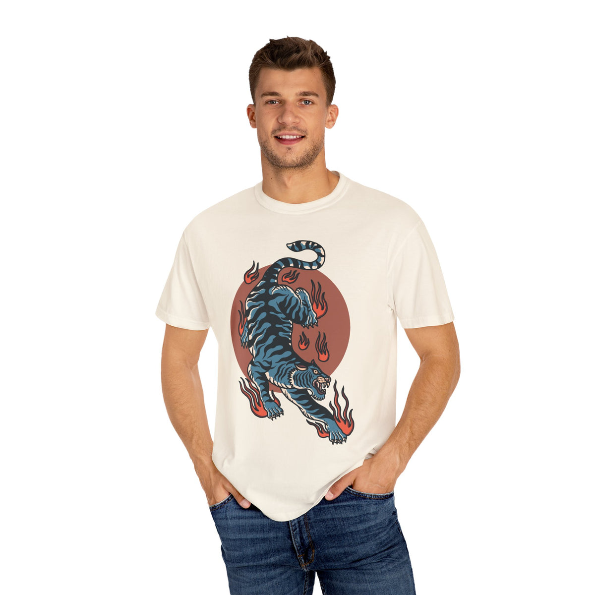 Blue tiger shirt - flame design tee - animal graphic gift
