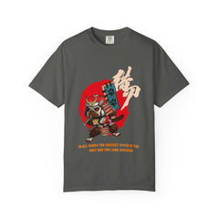 Gray t-shirt with a colorful graphic design featuring a samurai pug and text on a white background