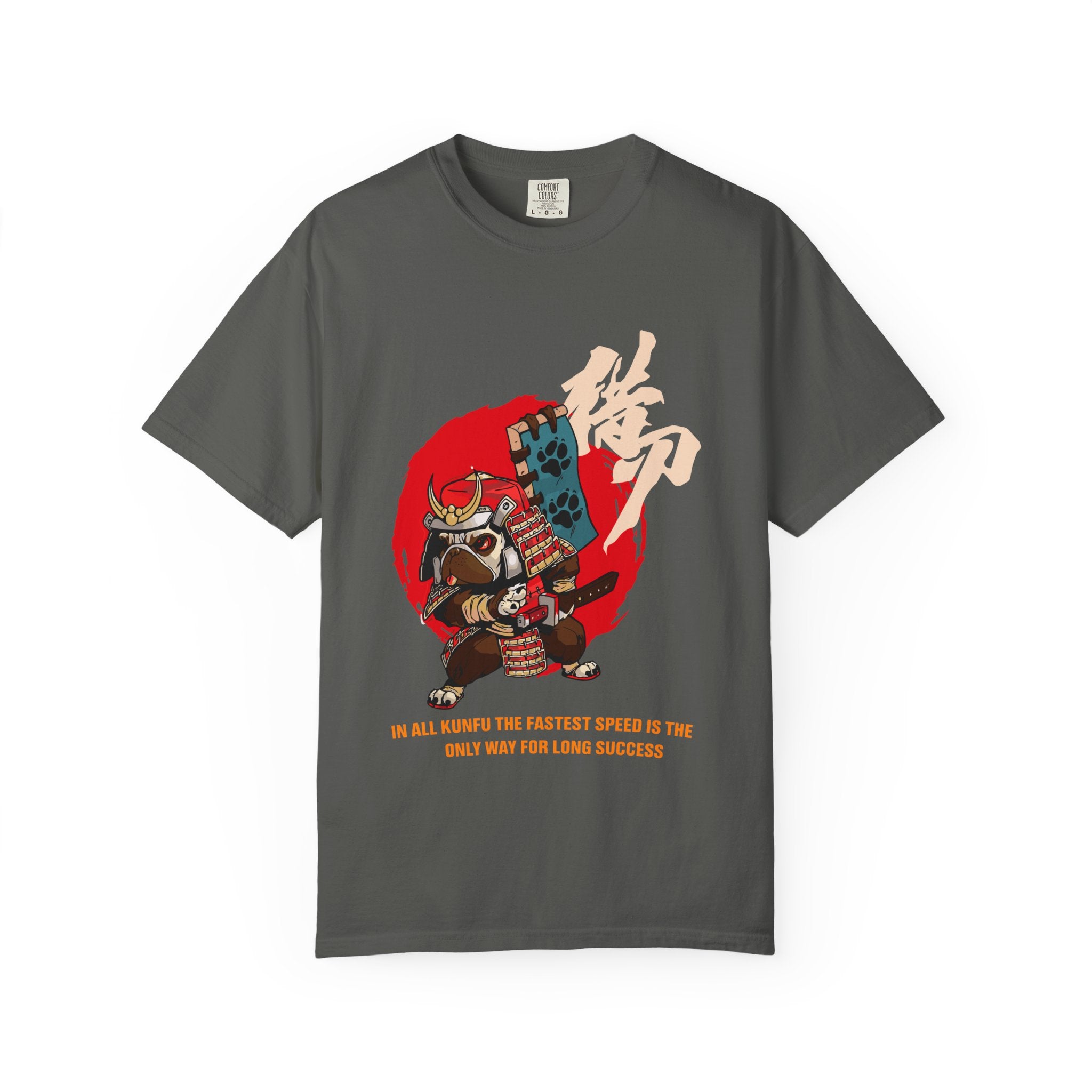Gray t-shirt with a colorful graphic design featuring a samurai pug and text on a white background