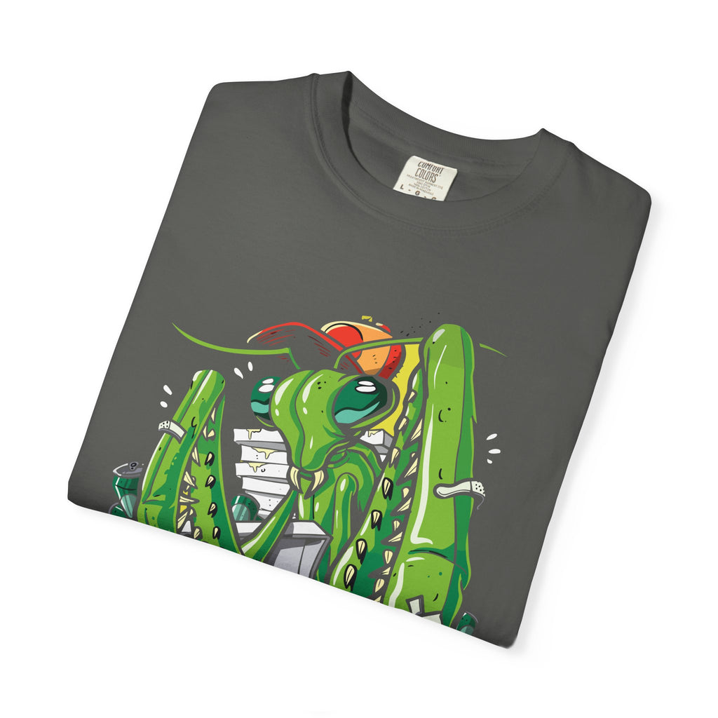 Green Praying Mantis Pizza Tee - Fun Graphic Shirt Design - Sinful Threads
