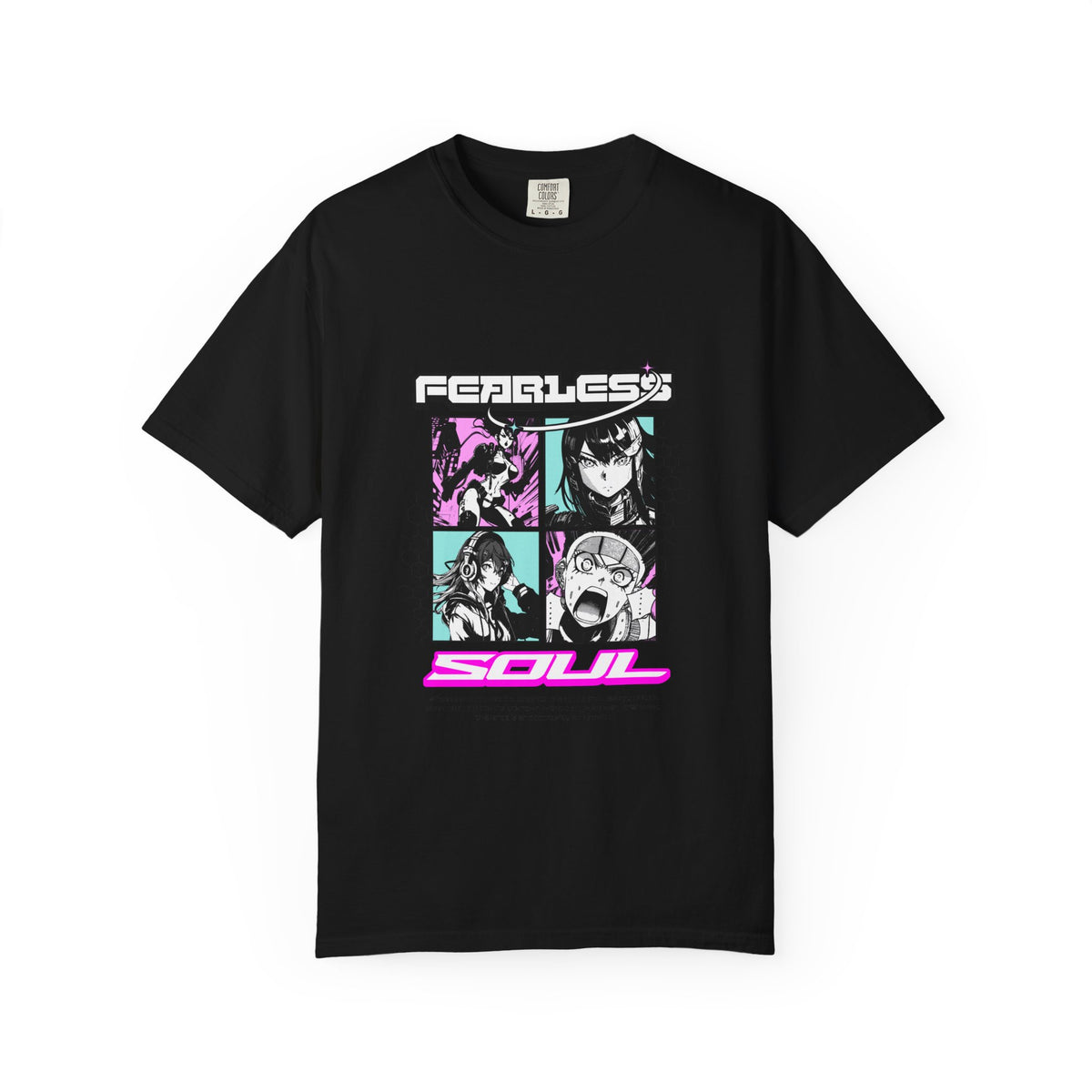 Black t-shirt with graphic design and text on a white background