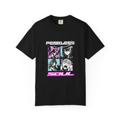 Black t-shirt with graphic design and text on a white background