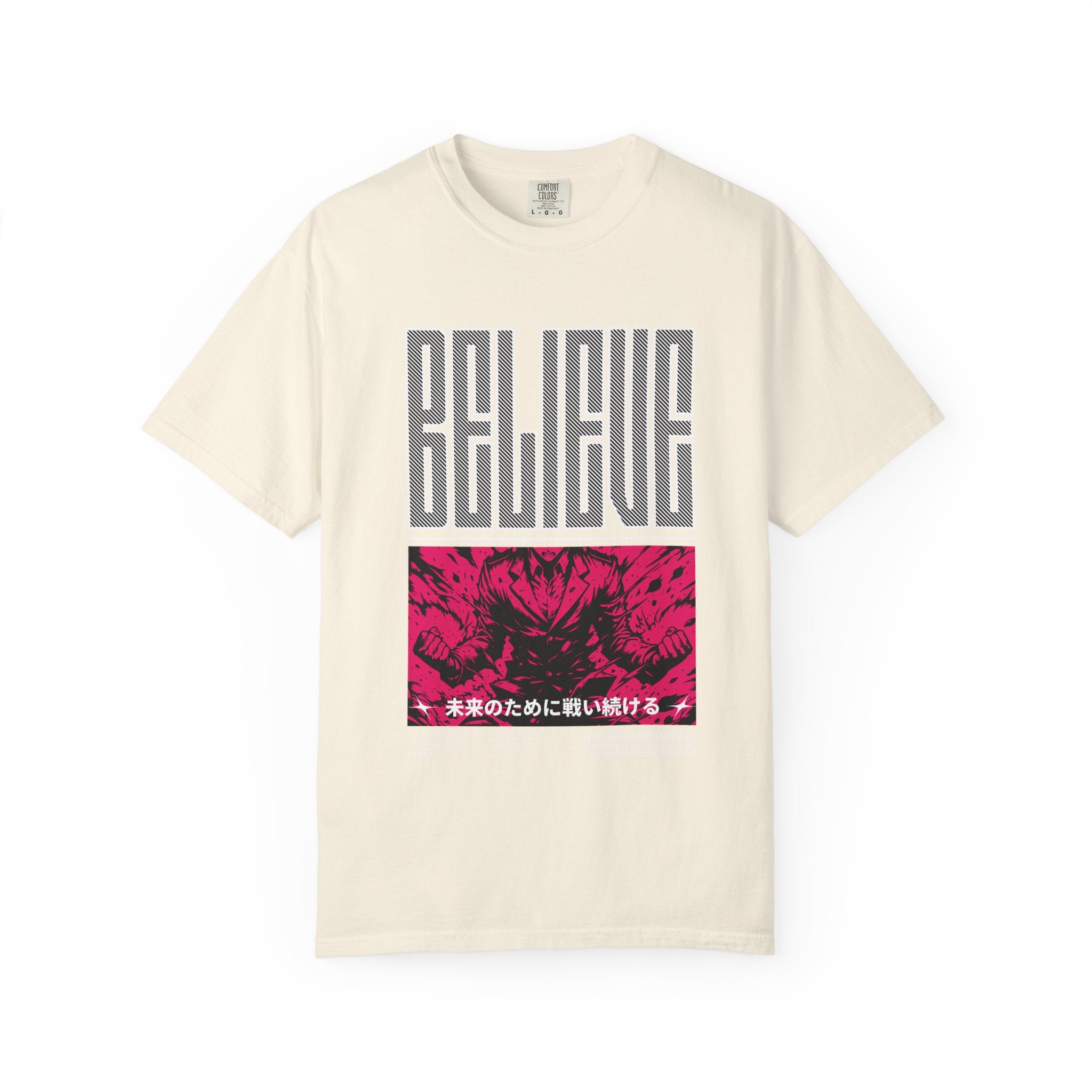 Beige t-shirt with 'BELIEVE' text and graphic design on a white background