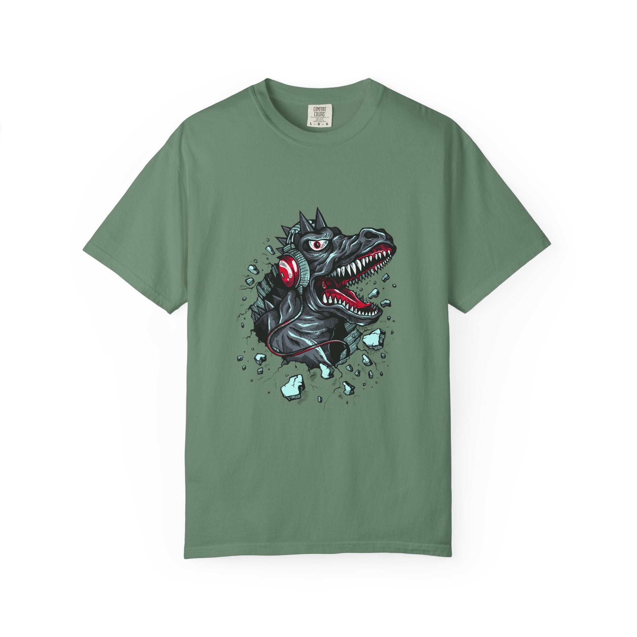 Dinosaur with Headphones Breaking Wall Graphic Design T-Shirt - Sinful Threads