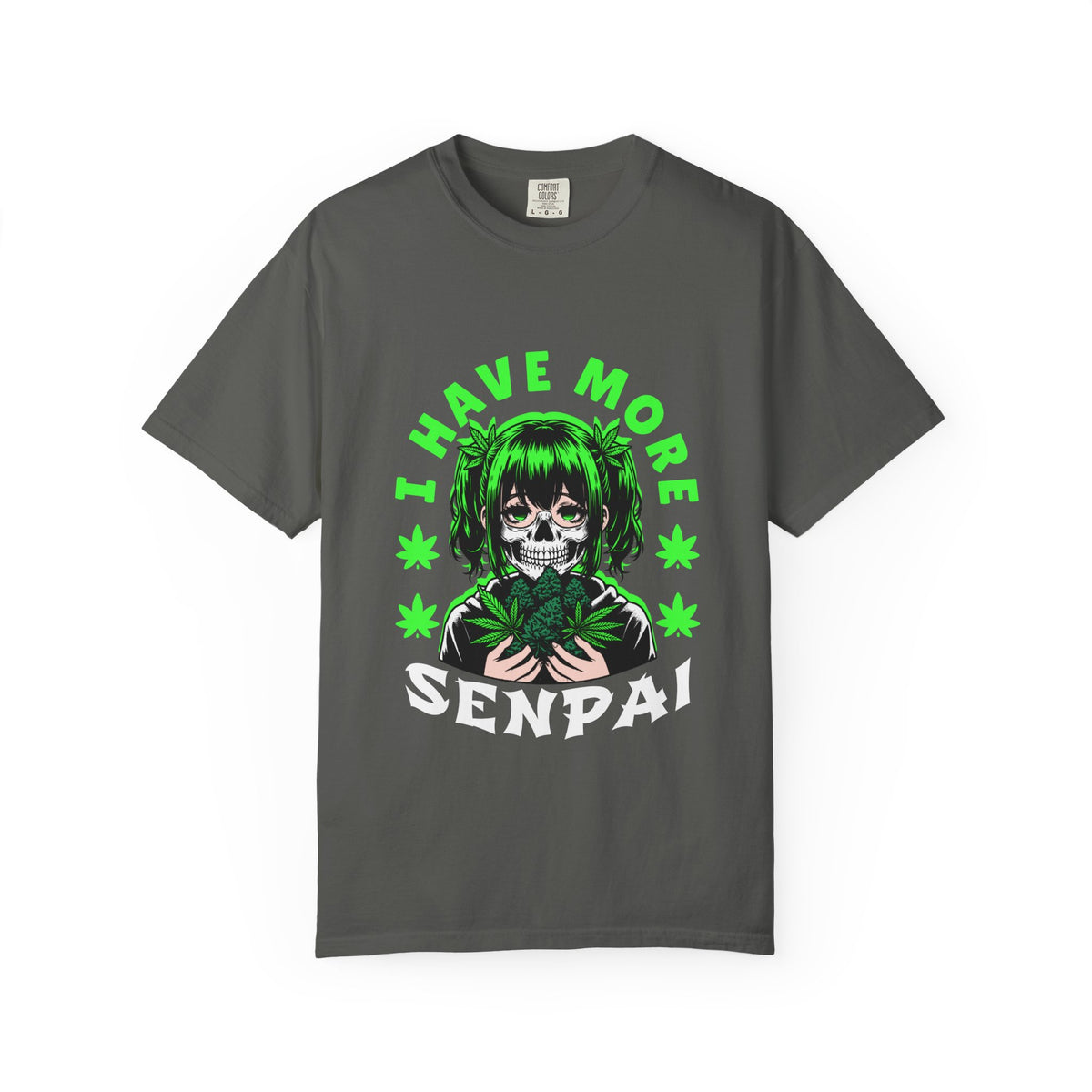Gray t-shirt with a graphic design featuring a skull and green text on a white background