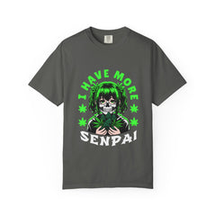 Gray t-shirt with a graphic design featuring a skull and green text on a white background