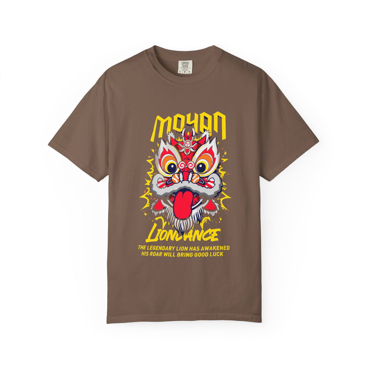 Brown t-shirt with a colorful graphic of a lion and text on a white background