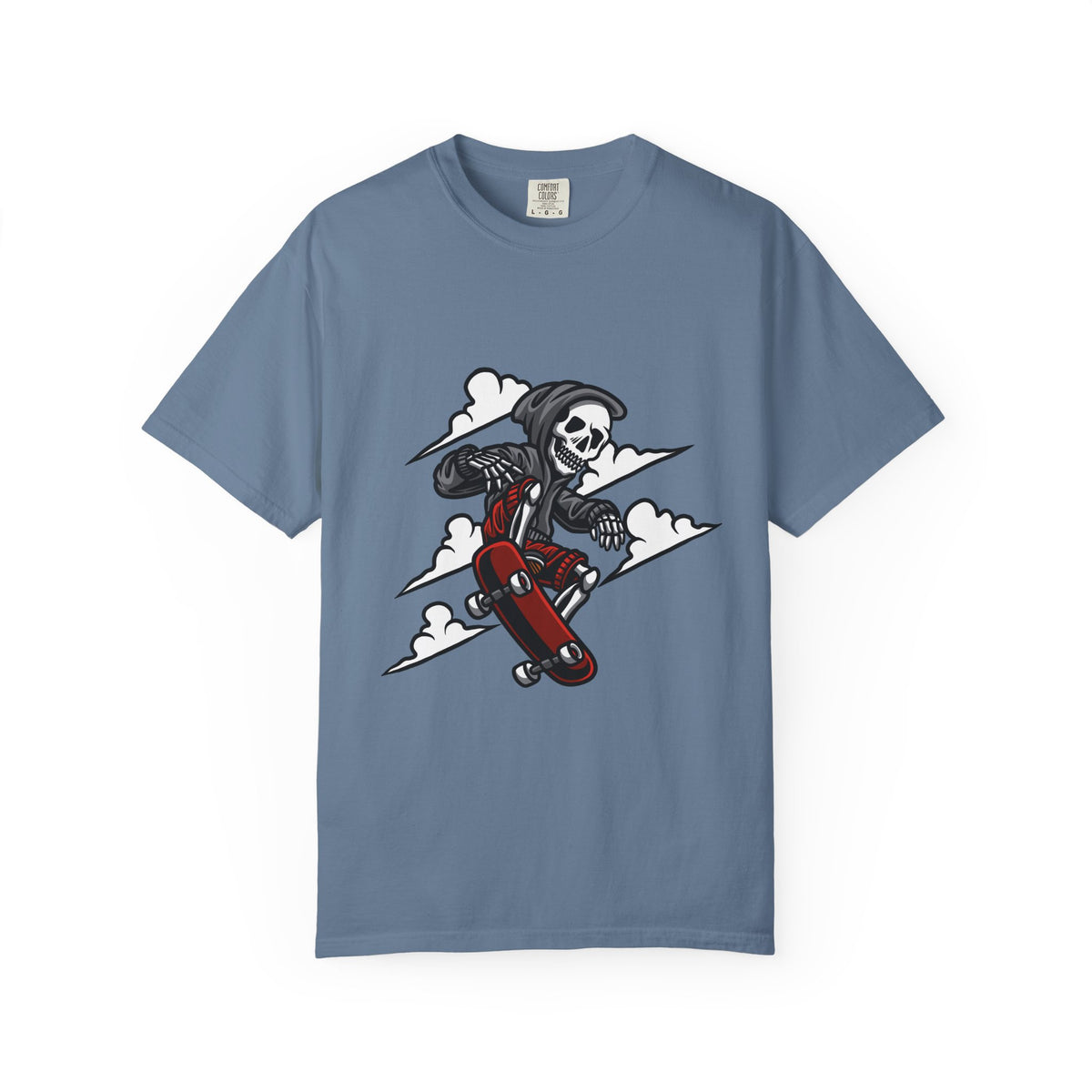 Blue t-shirt with a graphic of a skeleton on a skateboard against a white background