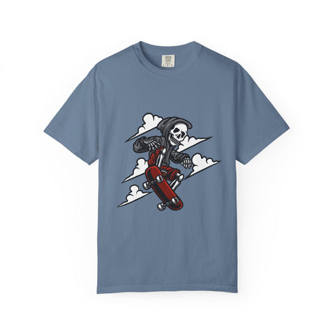 Blue t-shirt with a graphic of a skeleton on a skateboard against a white background