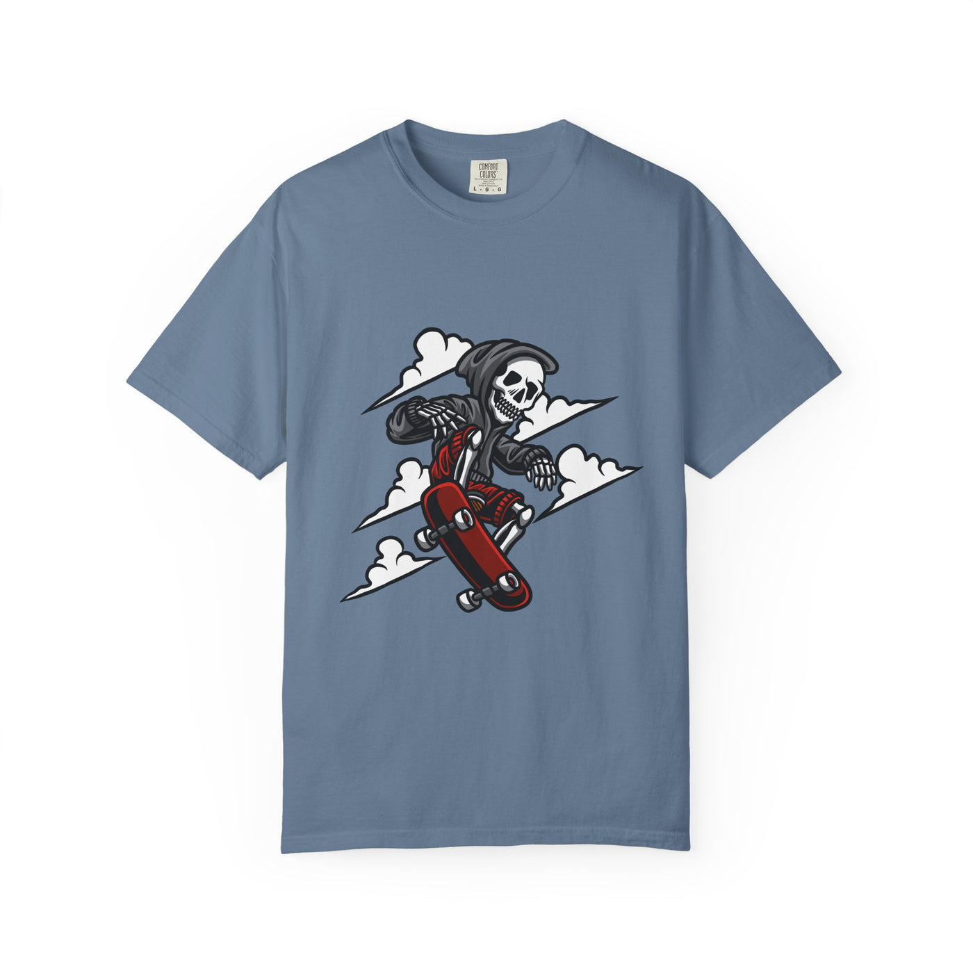 Blue t-shirt with a graphic of a skeleton on a skateboard against a white background
