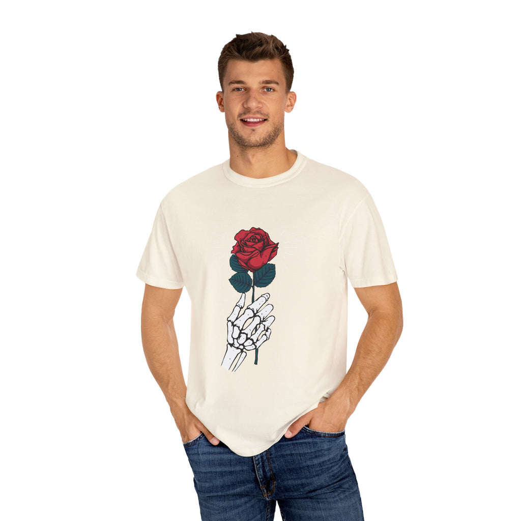 Red Rose In a Skeletal Hand Unique Graphic T-Shirt - Sinful Threads
