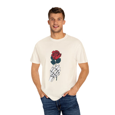 Red Rose In a Skeletal Hand Unique Graphic T-Shirt - Sinful Threads