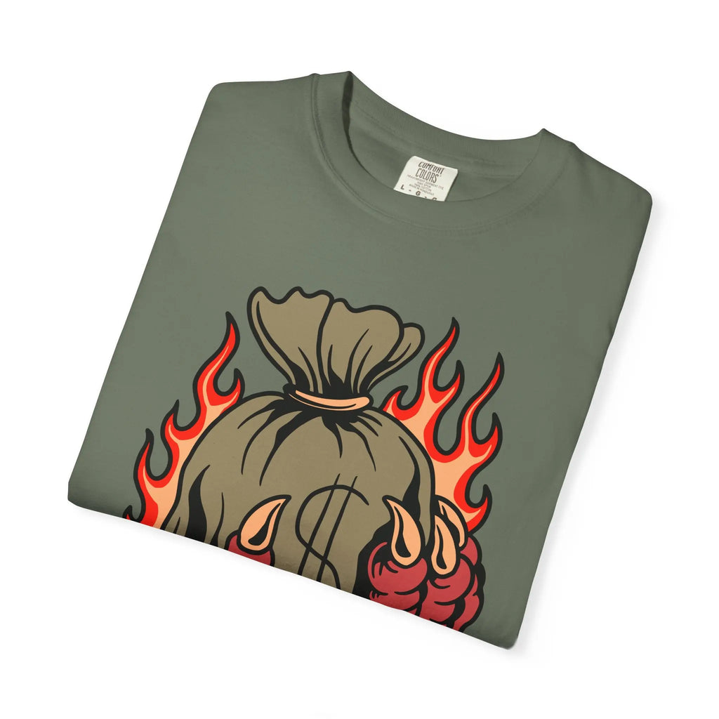 Money Bag Shirt - Devil's Hand Flaming Dollar Tattoo Tee - Sinful Threads