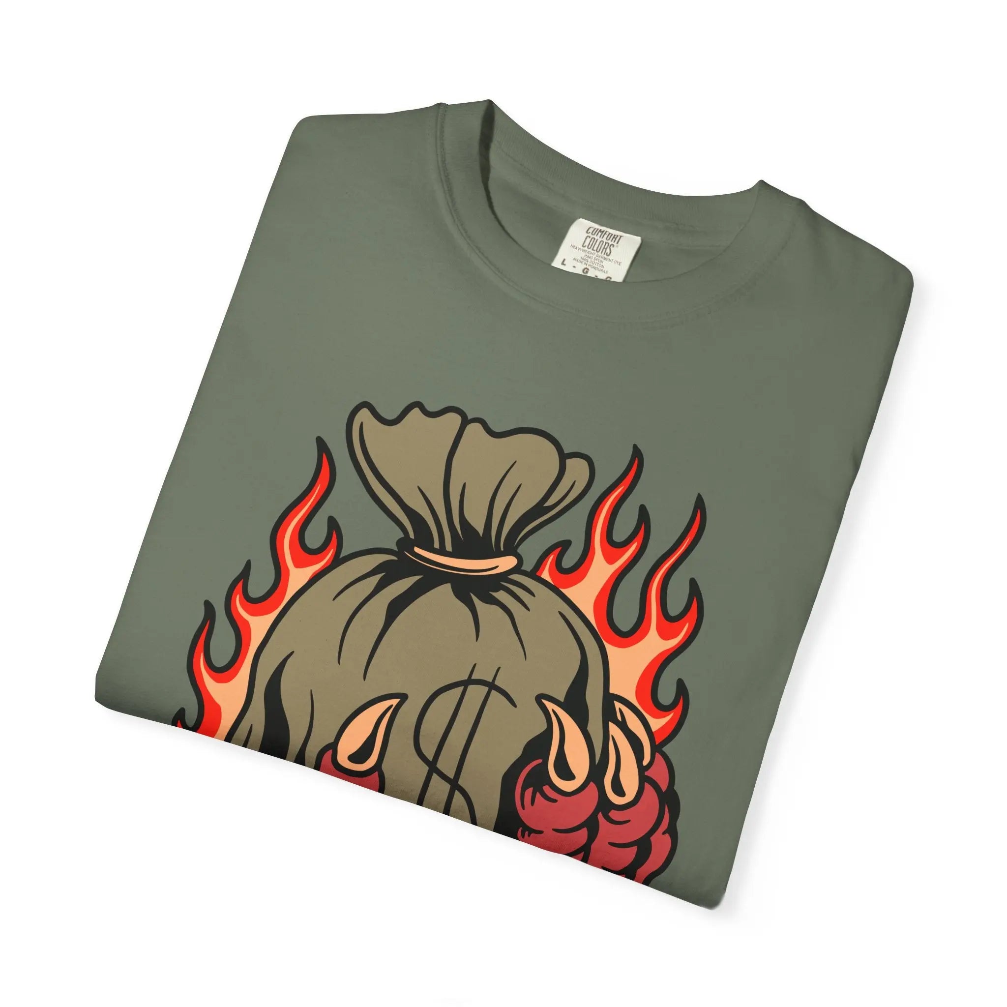 Money Bag Shirt - Devil's Hand Flaming Dollar Tattoo Tee - Sinful Threads