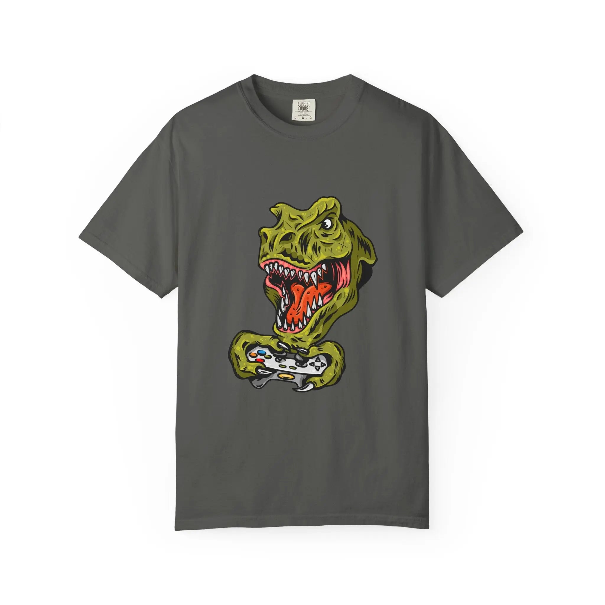 Dino Gamer Rex with Controller Video Game Fan T-Shirt - Sinful Threads
